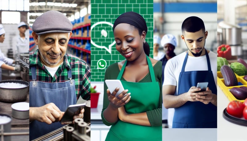 An image of a diverse group of frontline workers in various settings such as a factory, restaurant, and supermarket, using WhatsApp on their smartphon